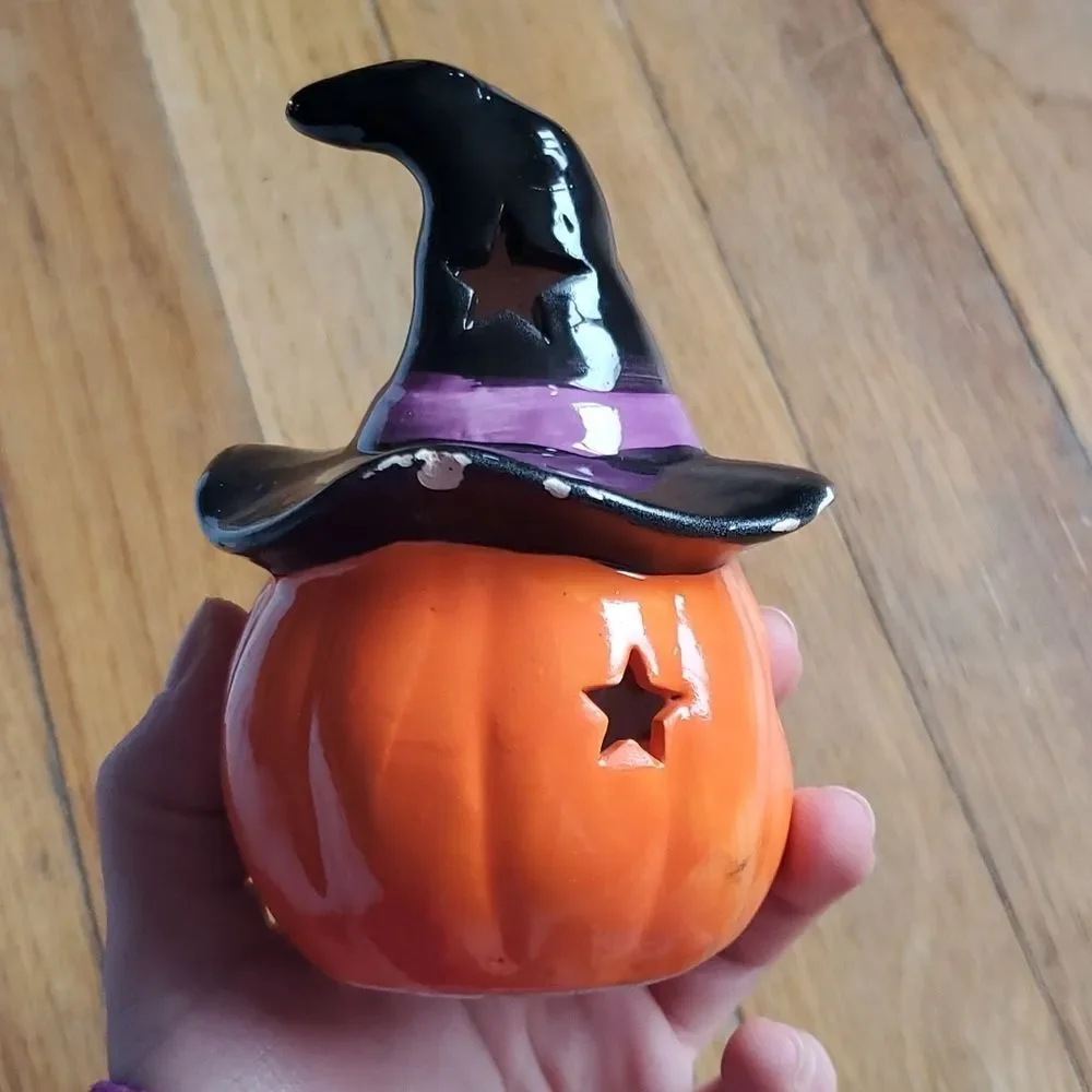 Ceramic pumpkin Halloween witch‎ hat candle holder